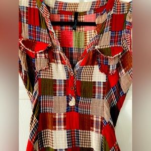 Button Up Plaid Sleeveless Dress with Tied Waist.